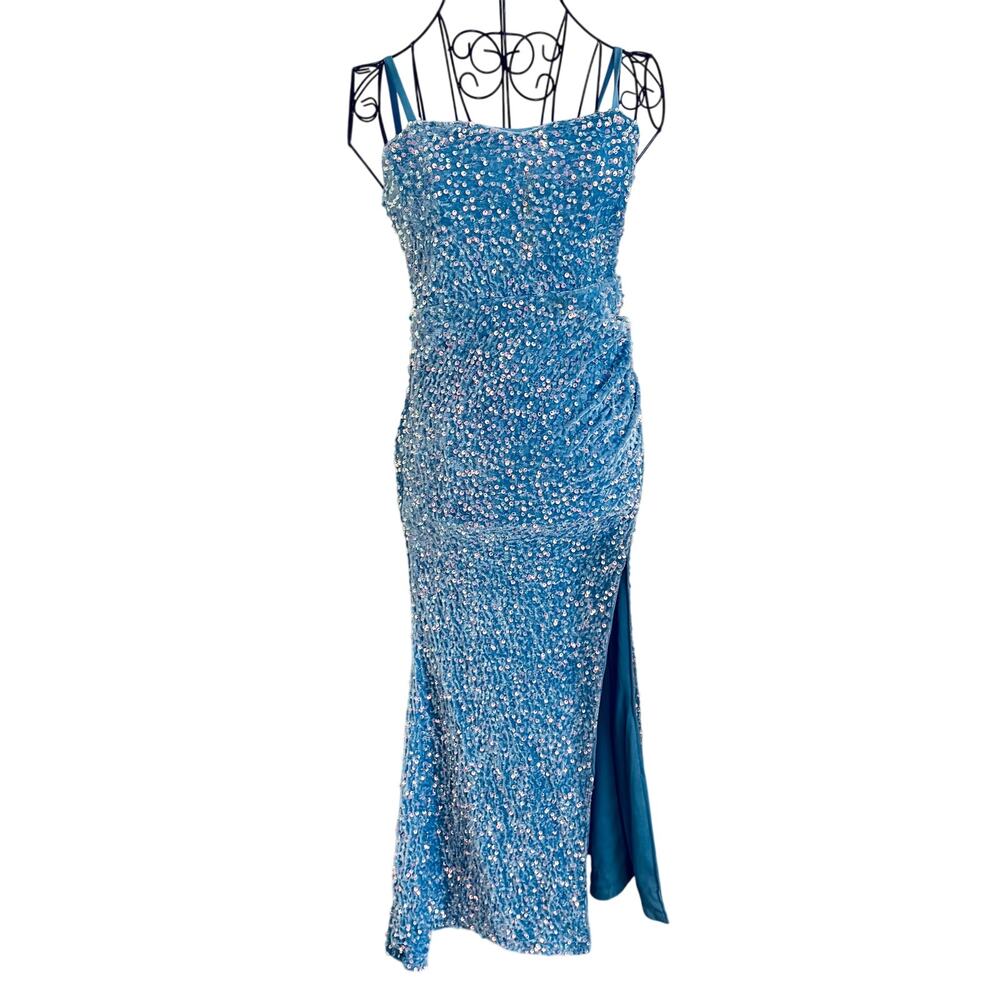 Alisa & Leo Powder Blue Velvet Sequin Bodycon Maxi Dress Gown Stretch Fairy 12Y